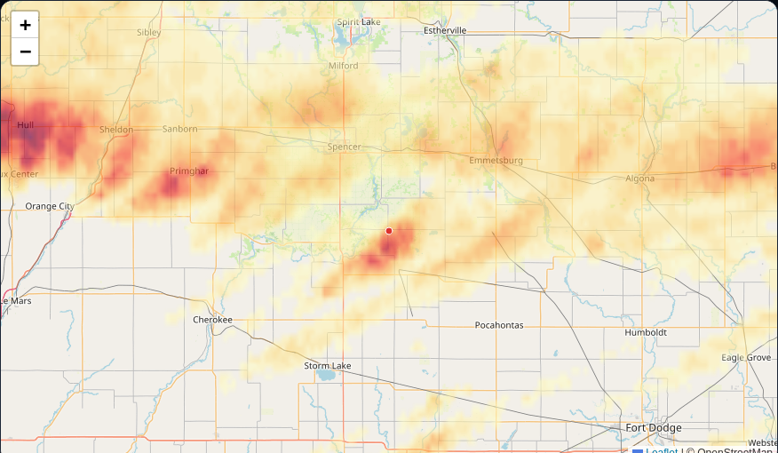 SwathIQ hail map showing a real NOAA radar hail swath over northwest Iowa in June 2026, hail up to 1.5 inches
